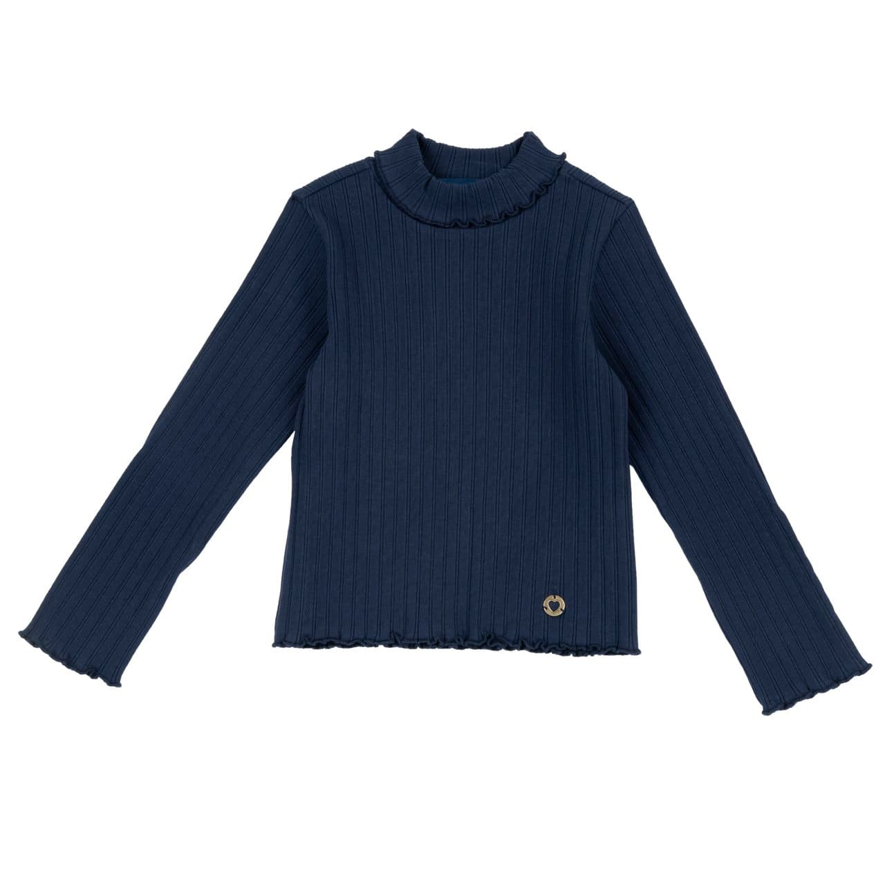 Maglietta a manica lunga Chicco blu per bambina con collo lupetto in costina di cotone elasticizzato operato, frill su collo, polsini e fondo, e medaglietta cuore. | Chicco