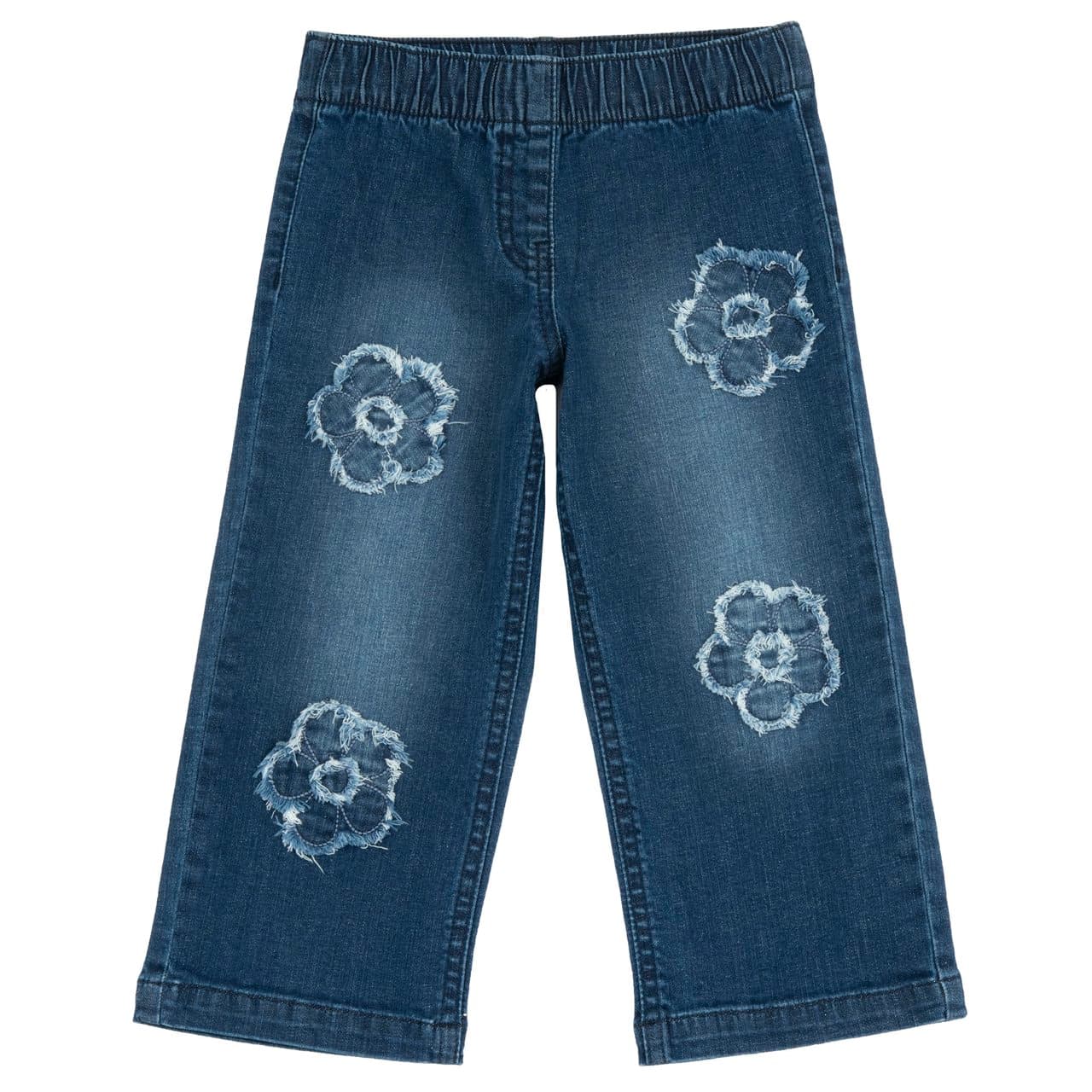 Pantaloni lunghi jeans Chicco blu in denim elasticizzato per bambina, con vita elasticizzata e applicazioni floreali sfrangiate sul davanti. | Chicco