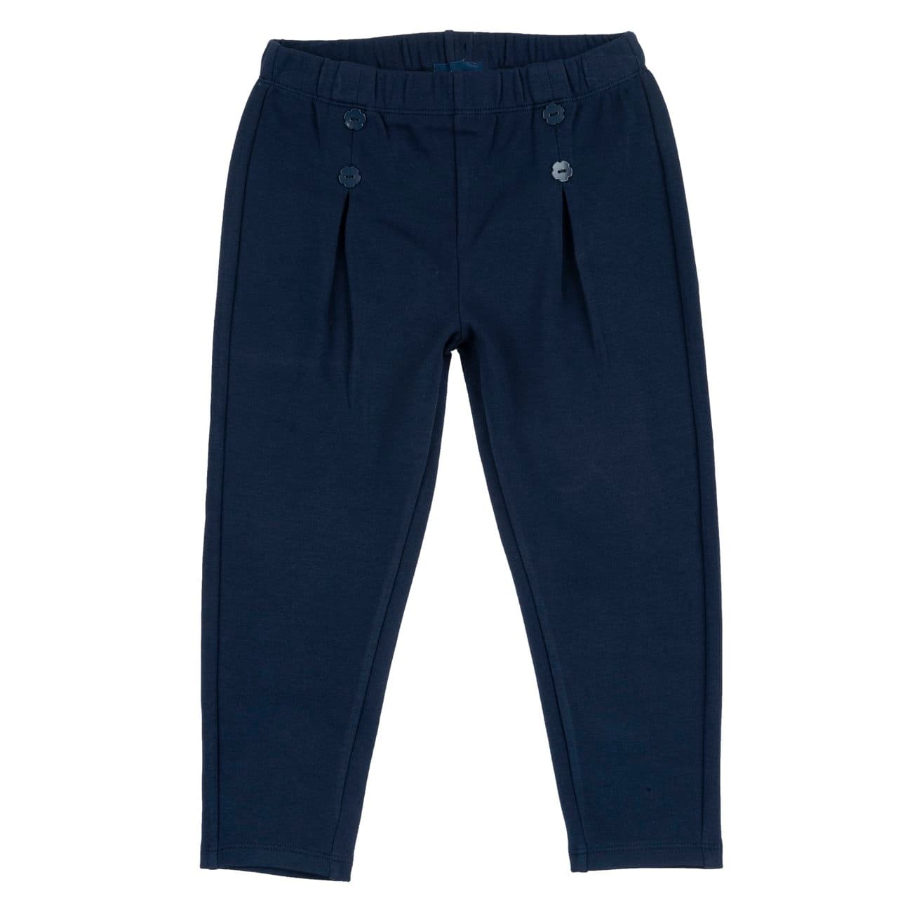 Pantaloni lunghi blu Chicco per bambina in cotone elasticizzato con vita elastica, pieghe frontali e bottoni decorativi a fiore, ideali per l'autunno/inverno. | Chicco
