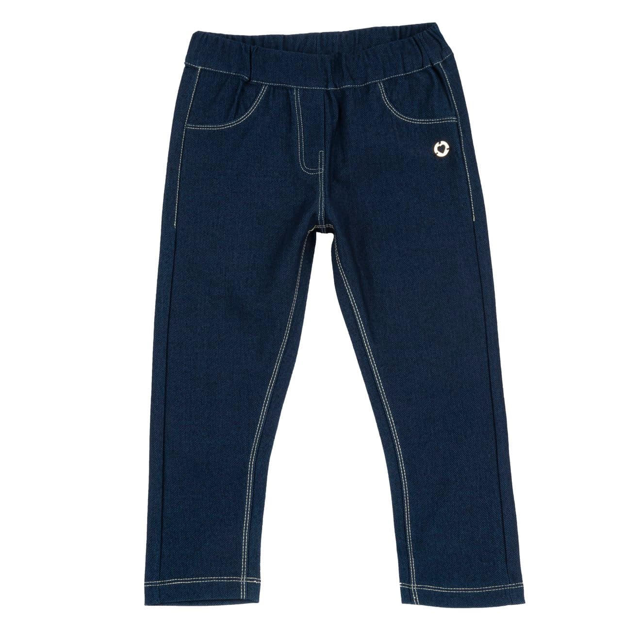 Leggings lunghi effetto denim Chicco per bambina in felpa elasticizzata blu con vita elastica, cuciture a contrasto, motivo tasche e medaglietta con cuore. | Chicco