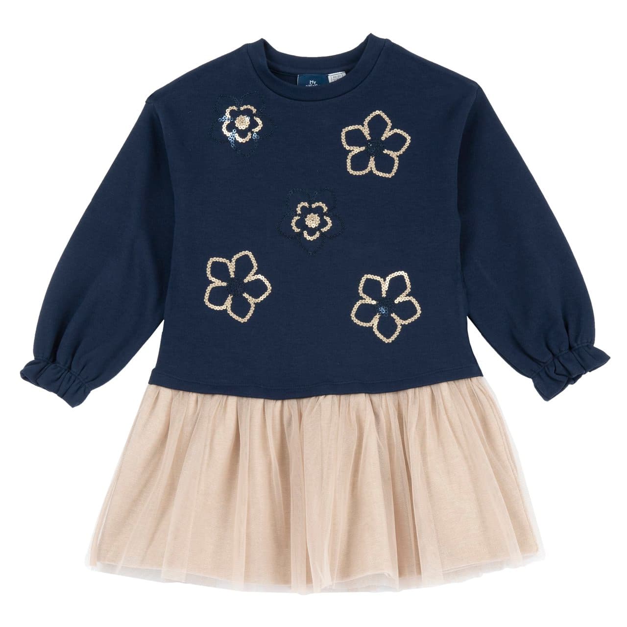 Vestito blu Chicco a manica lunga per bambina in cotone elasticizzato con gonna in tulle glitterato e fiori paillettes sul davanti. | Chicco