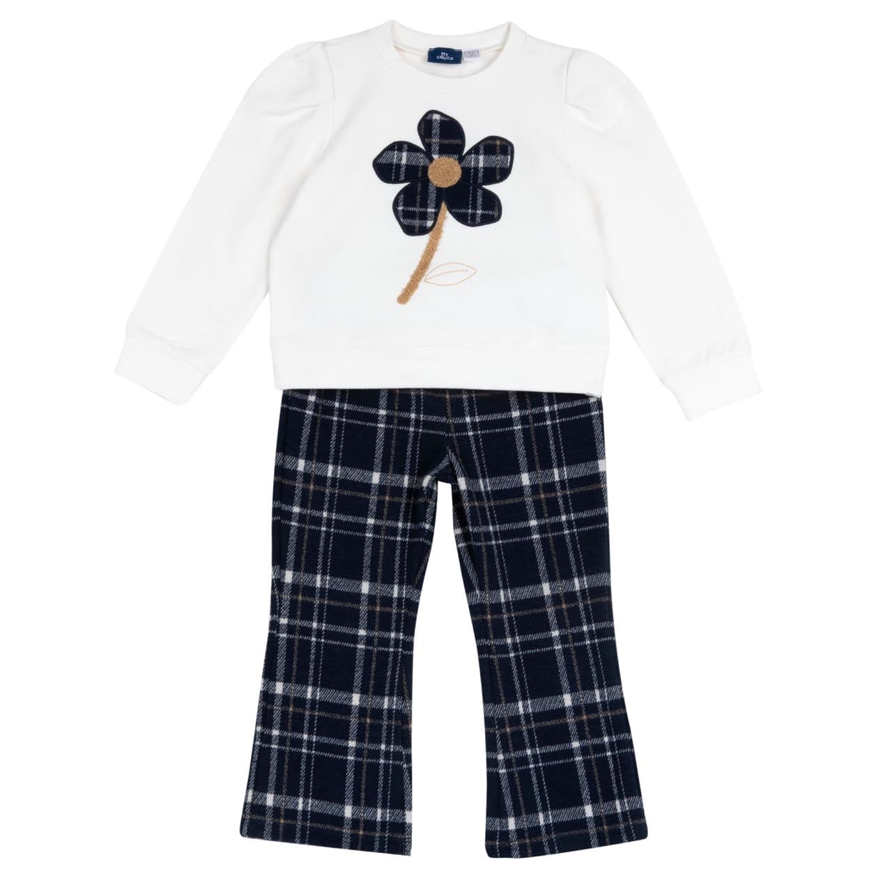 Completo felpa e pantaloni Chicco bianco per bambina, con felpa girocollo in cotone elasticizzato e fiore jacquard, abbinata a pantaloni lunghi a zampa in maglia a quadri jacquard. | Chicco