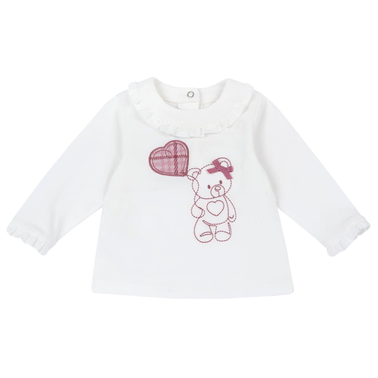 Maglietta a manica lunga Chicco per bambina in jersey elasticizzato bianco con ricamo di orsetto, rouche sulle maniche e applicazione a quadri scozzesi. | Chicco
