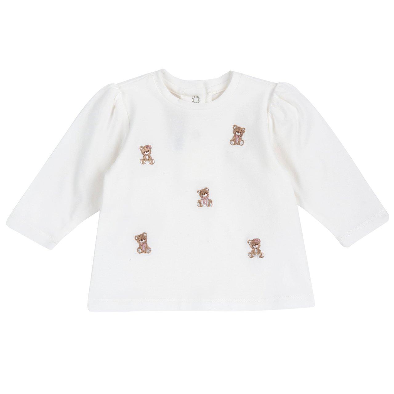 Maglietta a manica lunga da bambina Chicco in jersey elasticizzato bianco con ricamo di orsetti e apertura posteriore. | Chicco