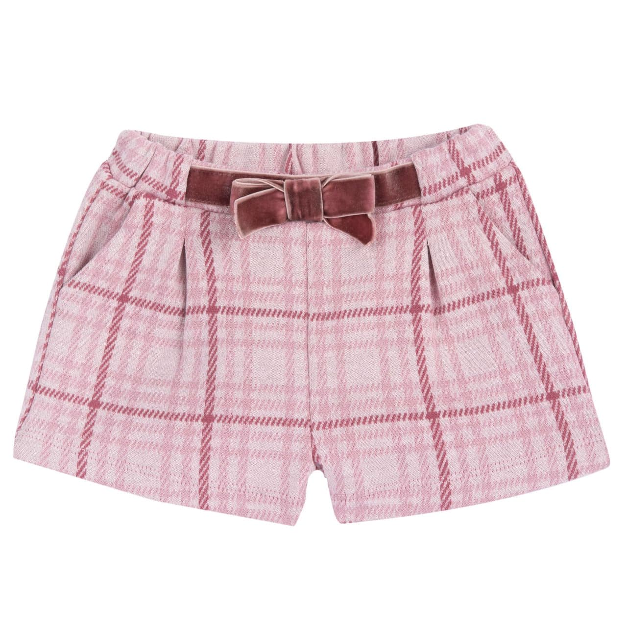 Pantaloni corti da bambina Chicco bianchi con macro quadri scozzesi, in maglia elasticizzata, vita parzialmente elastica e fiocco decorativo in velluto. | Chicco
