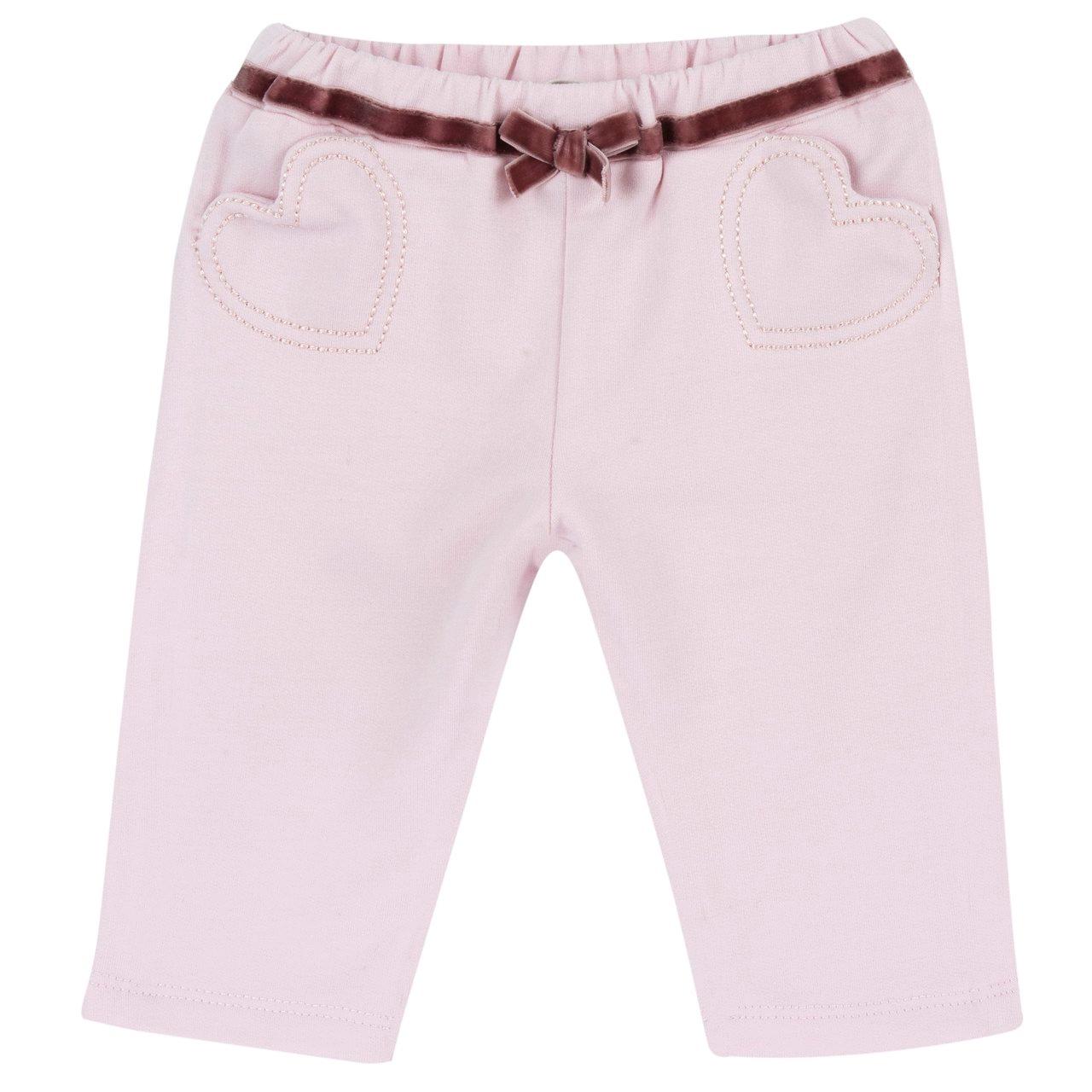 Pantaloni lunghi da bambina Chicco in felpa garzata rosa elasticizzata, con vita elasticizzata, finta cintura con nastro in velluto e fiocco, e tasche a cuore. | Chicco