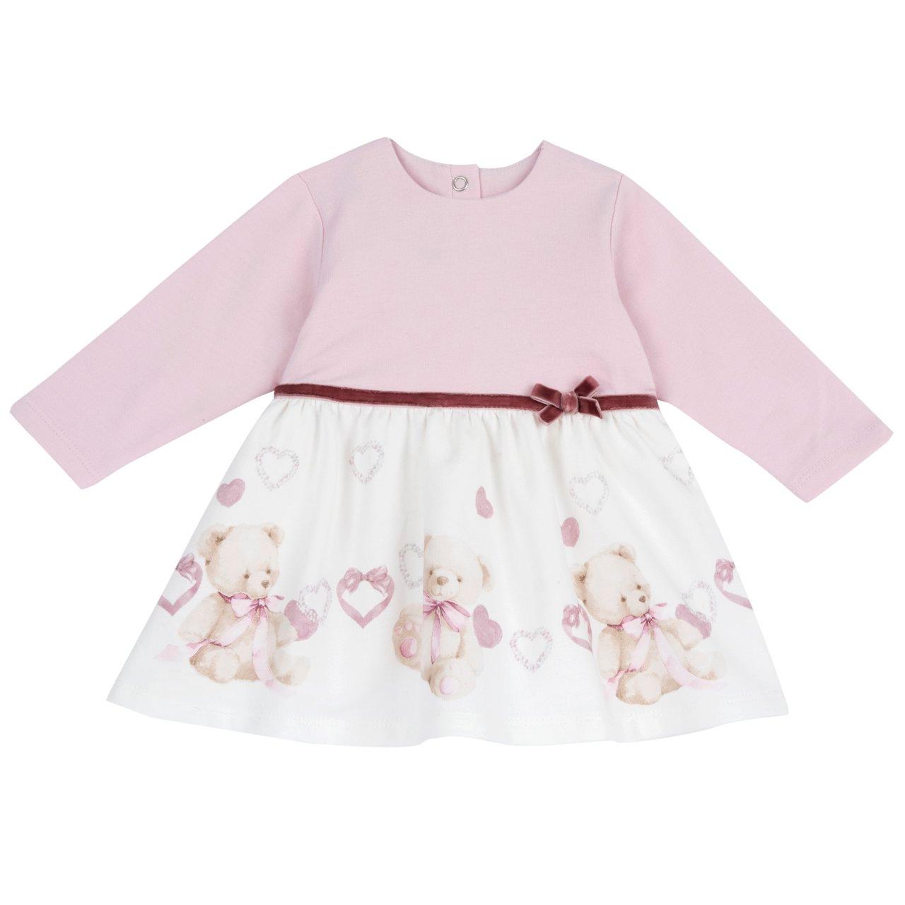 Vestito manica lunga Chicco per bambina in felpa garzata bianca con stampa orsetti e cuori, fiocco in vita e bottoncini automatici posteriori. | Chicco