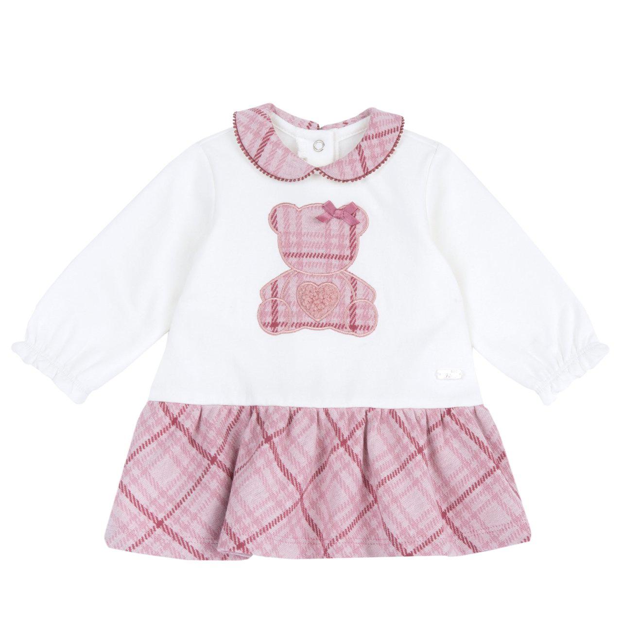 Vestito Chicco a manica lunga bianco per bambina in felpa garzata stretch con colletto baby, ricamo orsetto e fiocco in raso. | Chicco