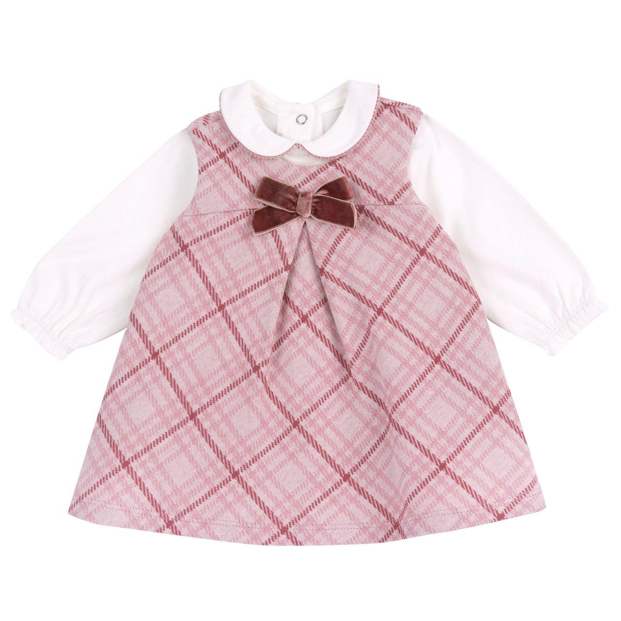 Completo abito smanicato con body bianco a maniche lunghe per bambina Chicco, scamiciato scozzese in maglia stretch con fiocco in velluto. | Chicco