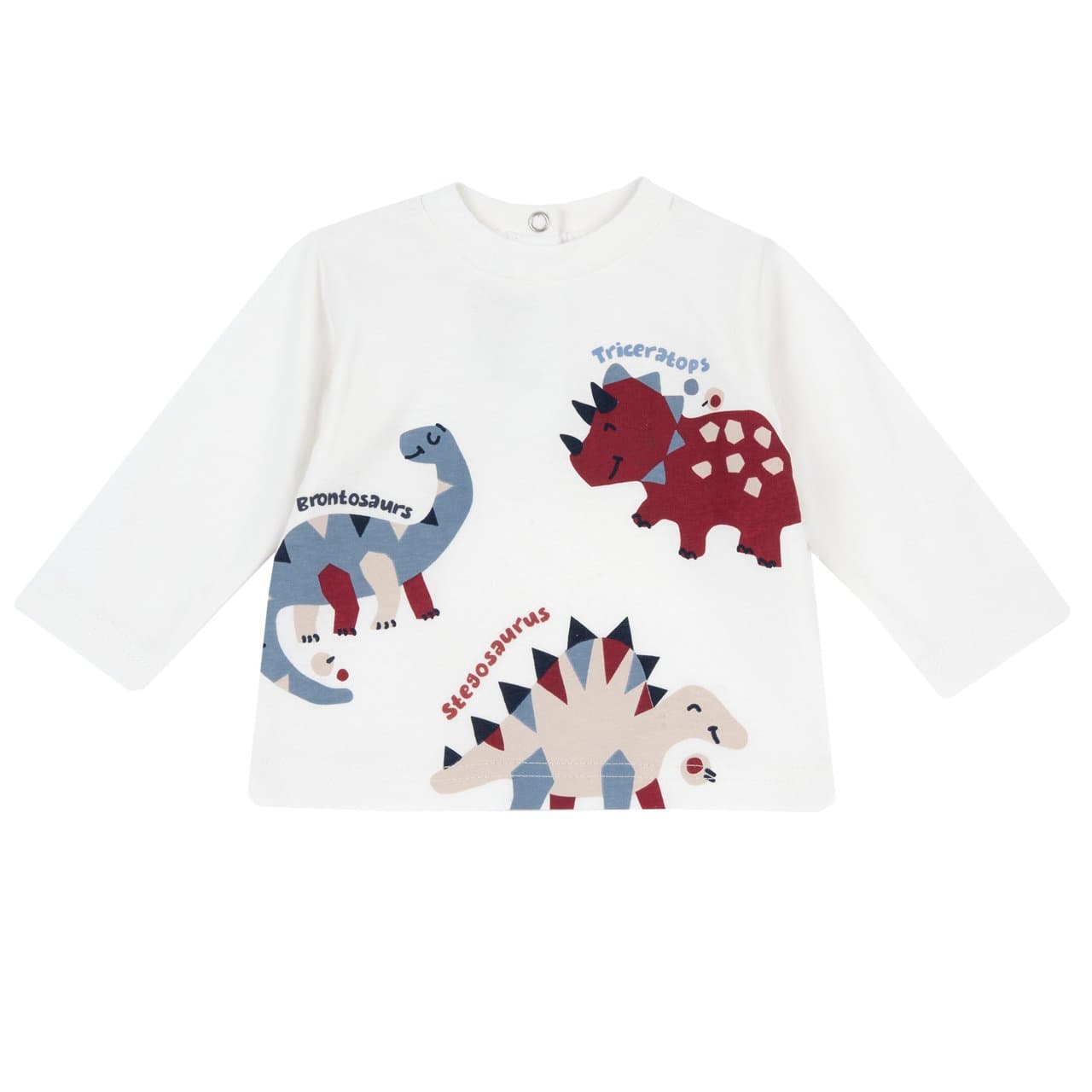 Maglietta a manica lunga Chicco bianca per bambino con stampa di dinosauri sul davanti e girocollo elasticizzato. | Chicco