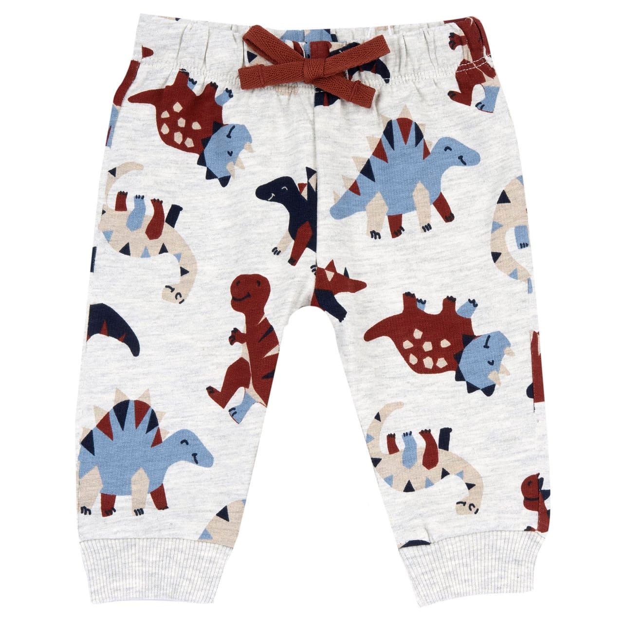 Pantaloni lunghi Chicco da bambino in felpa grigia mélange con fantasia dinosauri, vita elasticizzata e polsini alle caviglie, ideali per l'autunno/inverno. | Chicco