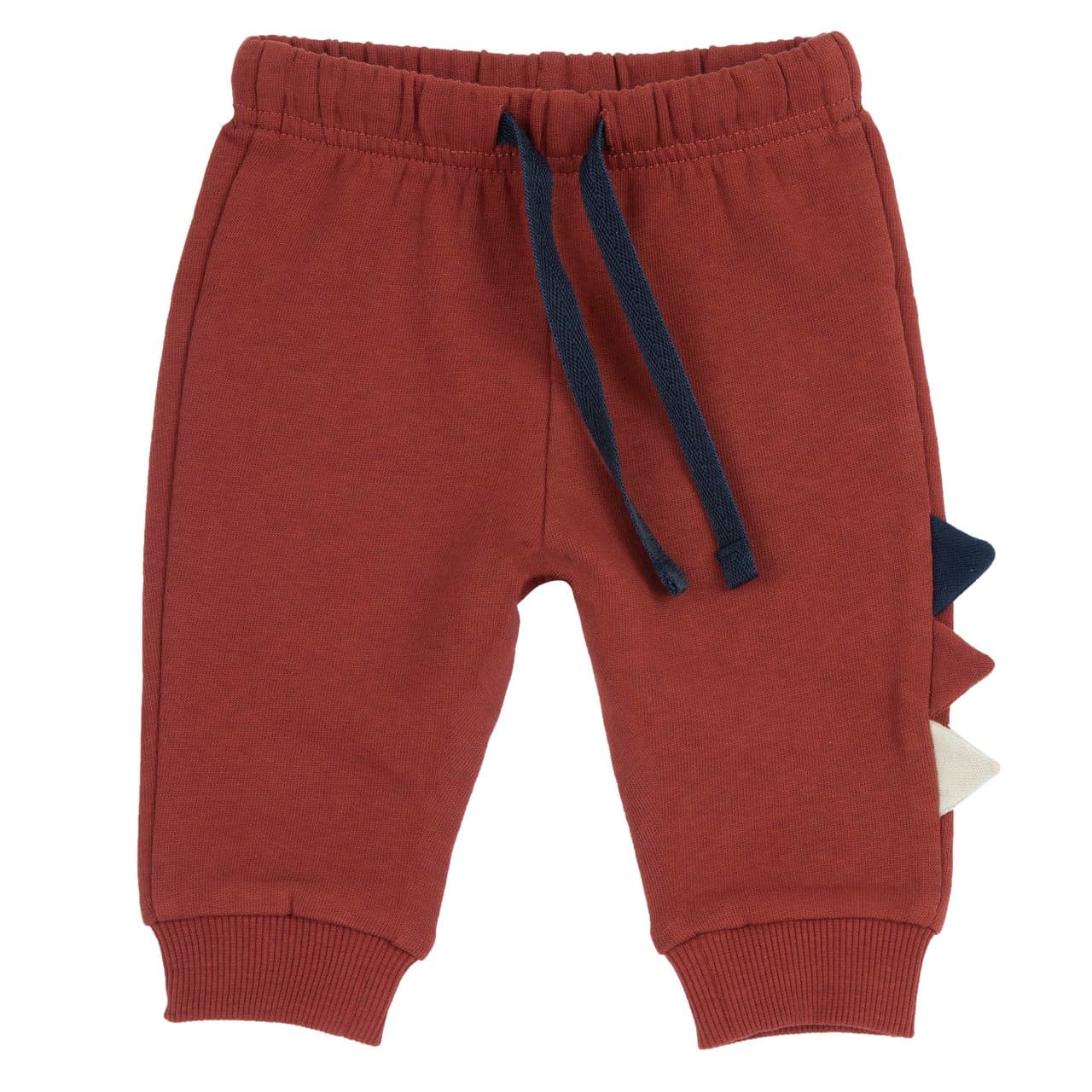 Pantaloni lunghi da bambino Chicco in felpa garzata marrone con banda laterale multicolore, vita elasticizzata e polsini a costina. | Chicco