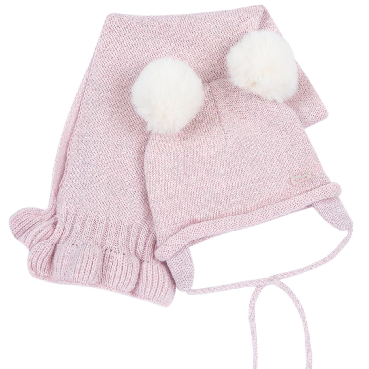 Set cappello e sciarpa Chicco rosa in maglia mista lana per neonata con dettagli luminosi e pompon, ideale per l'autunno/inverno. | Chicco