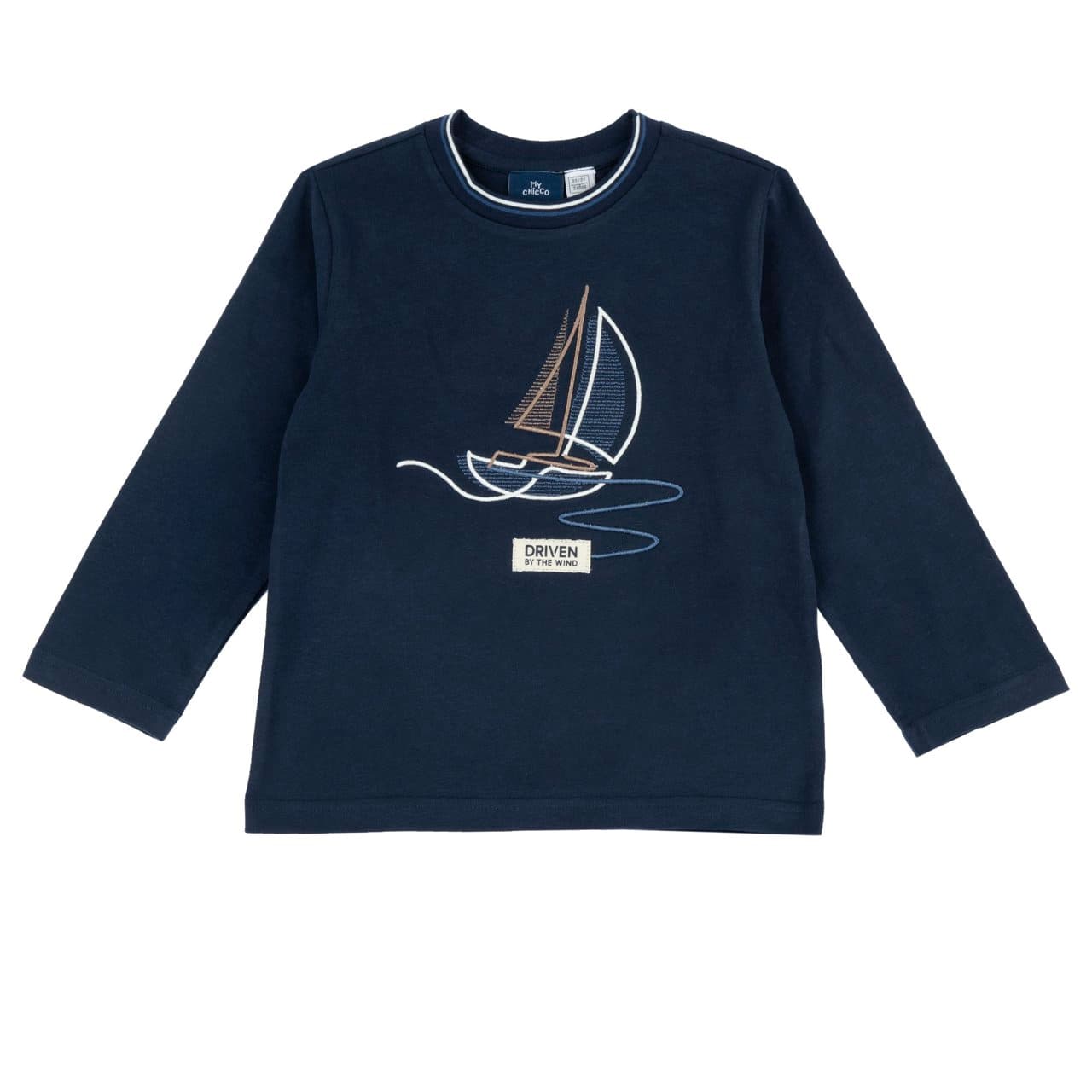 Maglietta a manica lunga Chicco blu in jersey 100% cotone per bambino, con ricamo frontale e bottoni automatici sulla spalla. | Chicco
