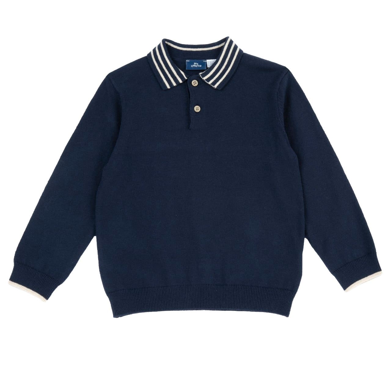 Polo maglia Chicco blu a manica lunga per bambino, con colletto a righe e chiusura a bottoni, ideale per l'autunno/inverno. | Chicco