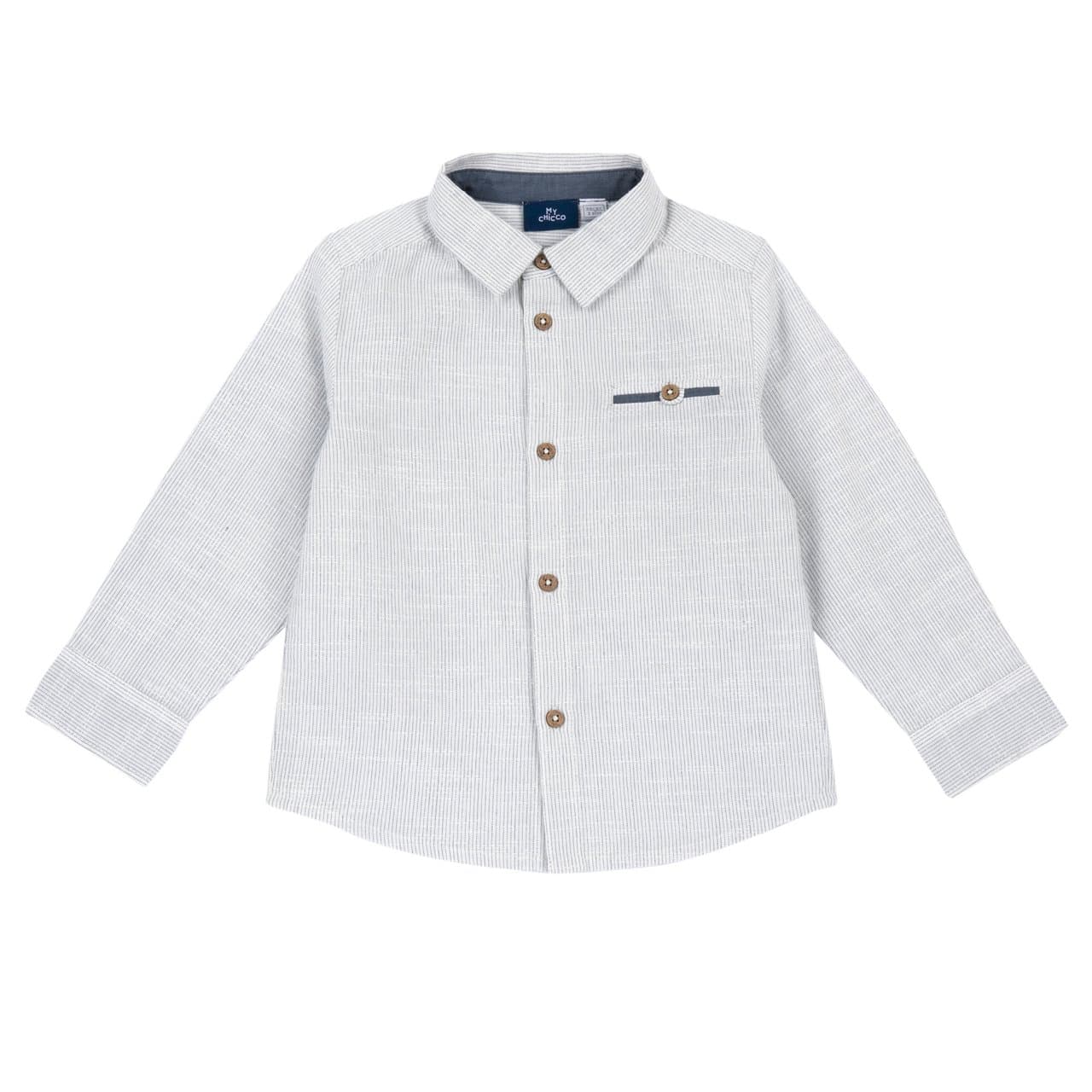 Camicia a manica lunga rigata Chicco per bambino in cotone bianco effetto fiammato con micro righe tinto filo e bottoni effetto legno. | Chicco