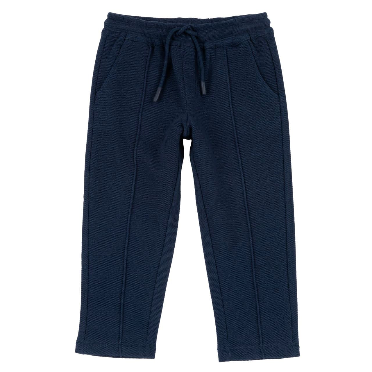 Pantaloni lunghi blu Chicco in piquet di cotone garzato per bambino, con vita elasticizzata e laccetto, nervatura frontale e tasca posteriore. | Chicco