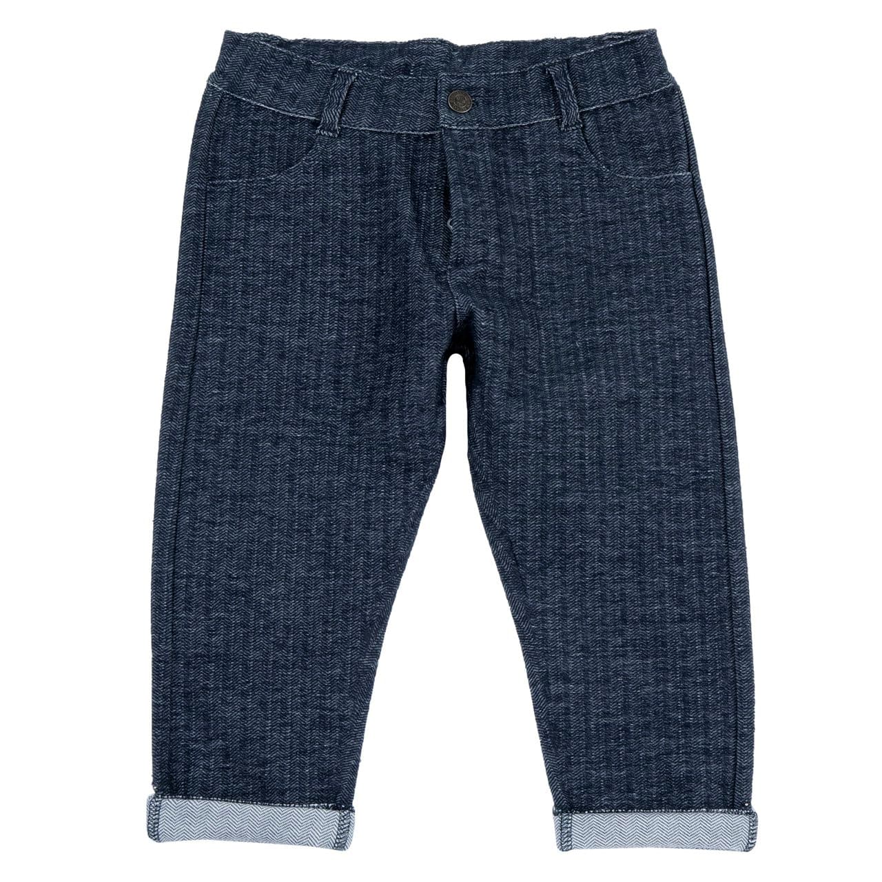 Pantaloni lunghi da bambino Chicco blu in interlock di cotone elasticizzato con effetto spigato, vestibilità baggy e vita regolabile. | Chicco