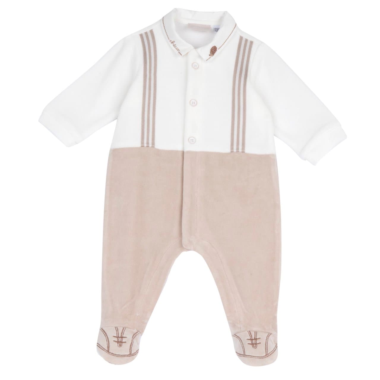 Tutina aperta davanti Chicco in ciniglia bianca per neonato, con collo ricamato, bretelle decorate e chiusura a bottoncini automatici, ideale per autunno/inverno. | Chicco