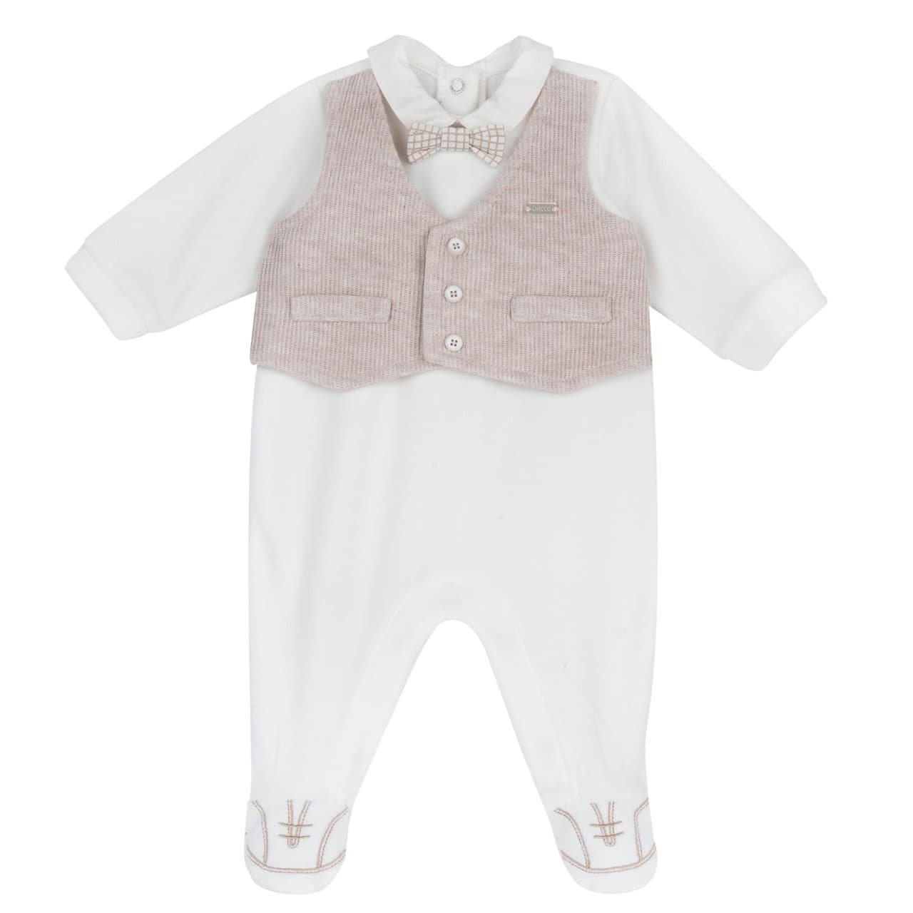 Tutina neonato Chicco in ciniglia bianca con gilet effetto costa, scarpine ricamate e papillon removibile, ideale per autunno/inverno. | Chicco