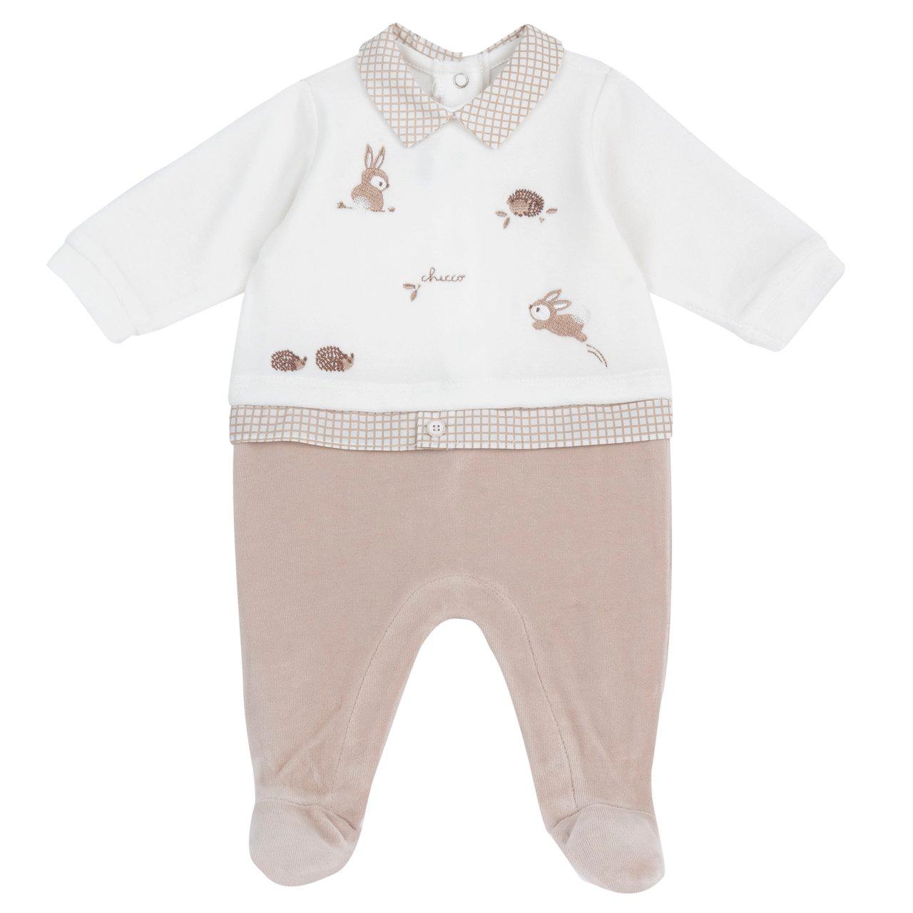 Tutina Chicco bianca in ciniglia per neonato, con colletto a quadretti, grafica ricamata e chiusura interna gamba per cambio facile, ideale autunno/inverno. | Chicco