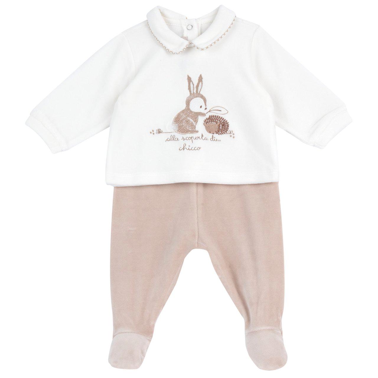 Completo Chicco per neonato in ciniglia bianca, composto da maglia con grafica ricamata e pantaloni con piedini, ideale per autunno/inverno. | Chicco