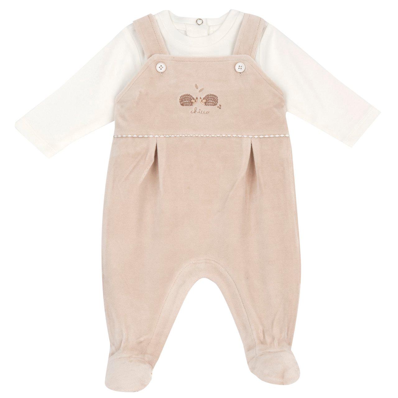 Completo body bianco in interlock con salopette lunga in ciniglia e grafica ricamata per neonato Chicco, ideale per autunno/inverno. | Chicco