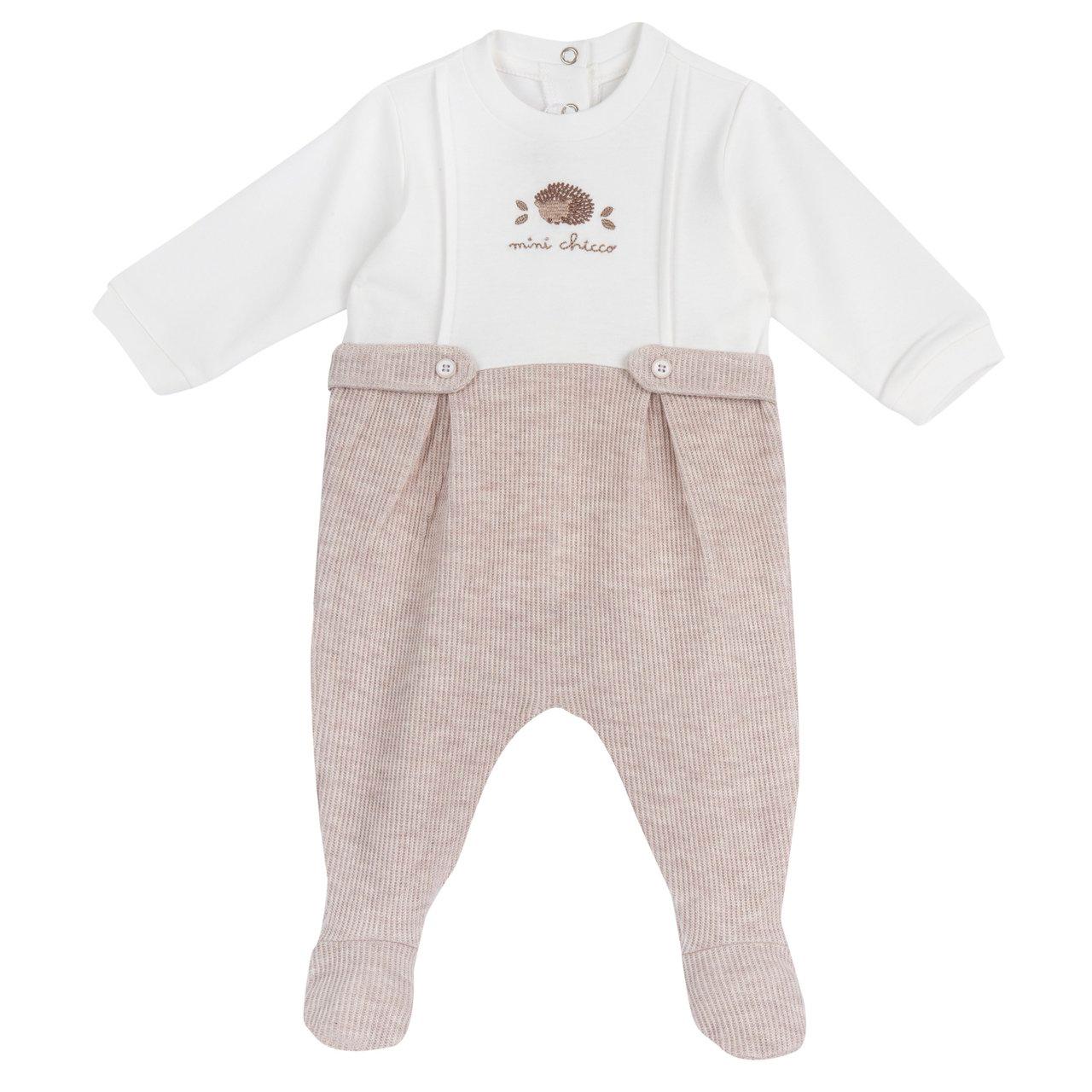Tutina Chicco bianca per neonato in interlock e maglia a coste, con grafica ricamata e chiusura posteriore, ideale per autunno/inverno. | Chicco