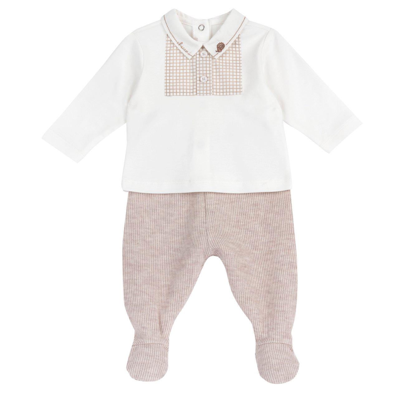 Completo Chicco bianco per neonato composto da maglia in interlock con inserto a micro quadretti e pantaloni con piedini effetto costa, ideale per autunno/inverno. | Chicco