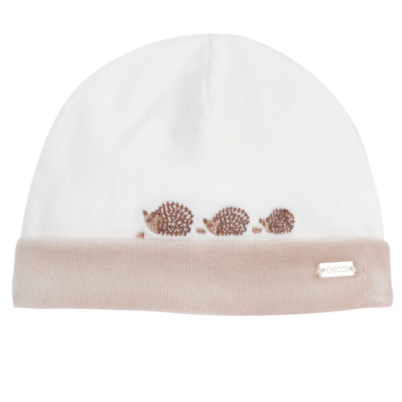 Cappello Chicco con risvolto in ciniglia bianca per neonato, con grafica ricamata e medaglietta madreperla, ideale per autunno/inverno. | Chicco