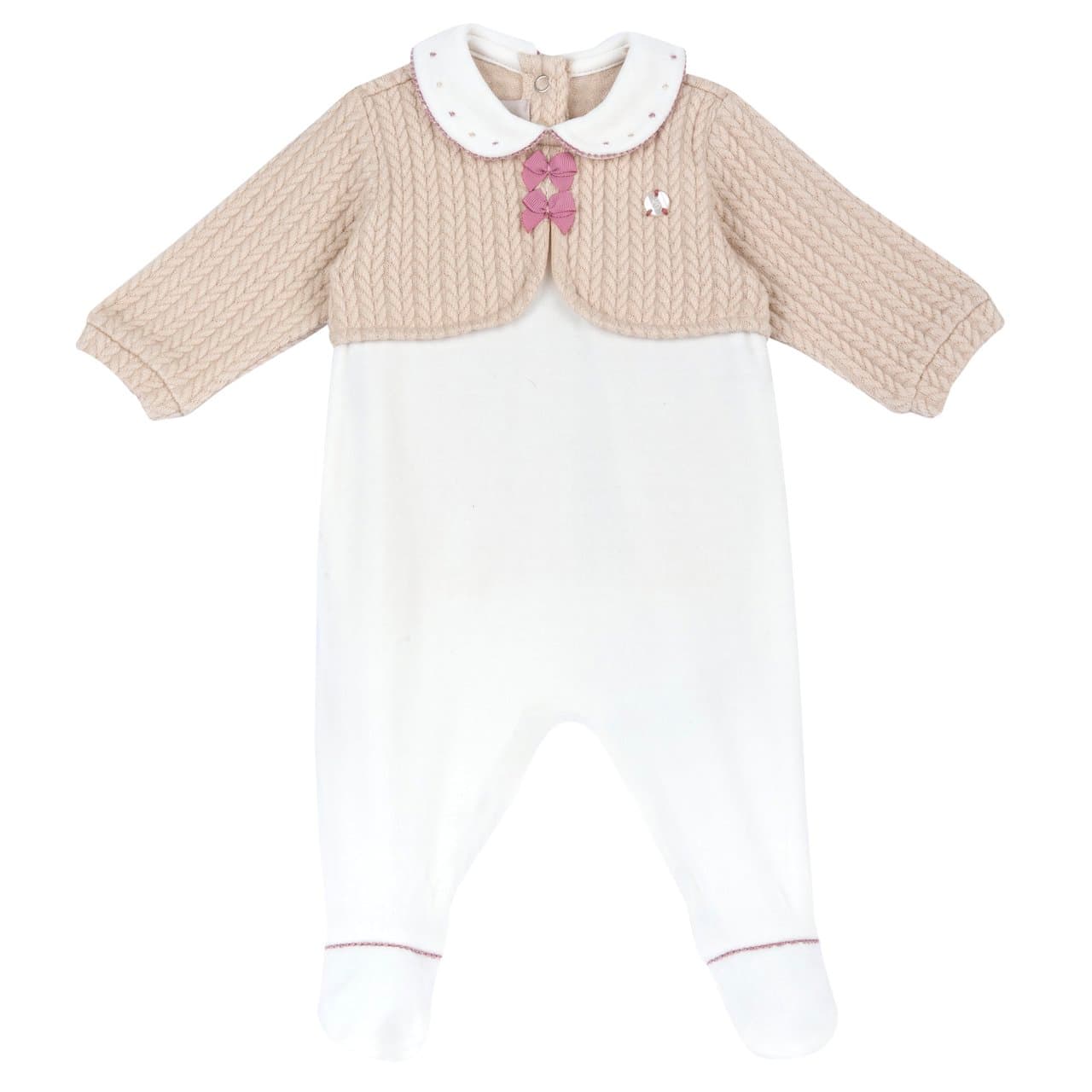 Tutina Chicco bianca per bambina in ciniglia, con effetto doppio cardigan in maglia a trecce, colletto baby e fiocchi applicati. | Chicco