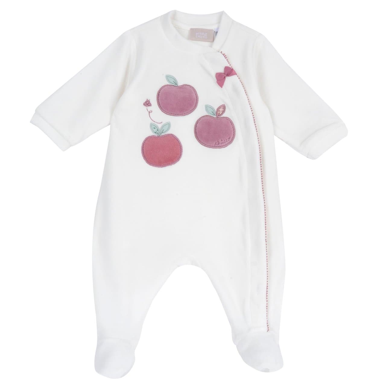 Tutina aperta davanti Chicco per bambina in ciniglia bianca, con fiocco e grafica ricamata, ideale per autunno/inverno. | Chicco