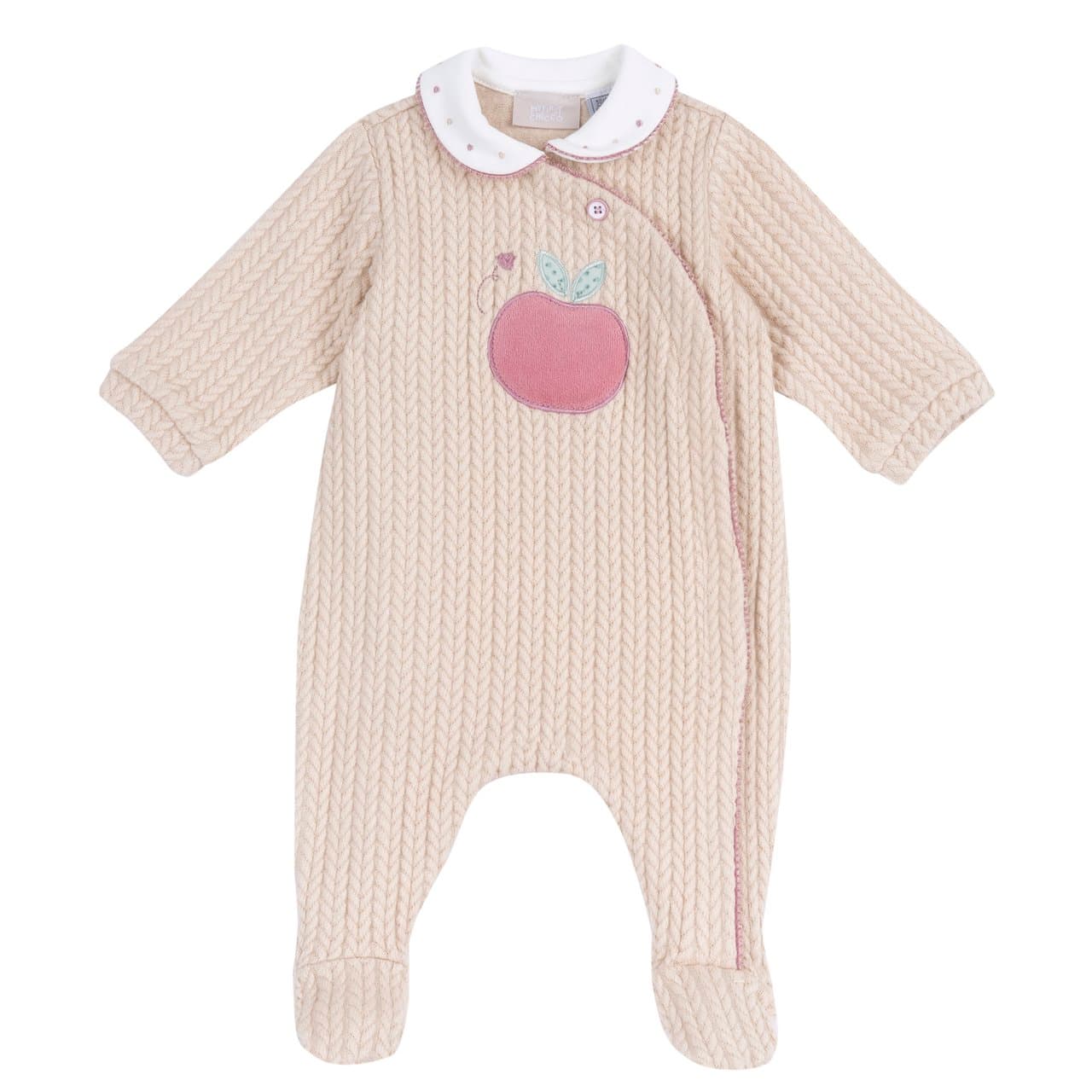 Tutina Chicco aperta davanti per neonata in maglia bianca con lavorazione a trecce, ricami e fiocco, ideale per l'autunno/inverno. | Chicco