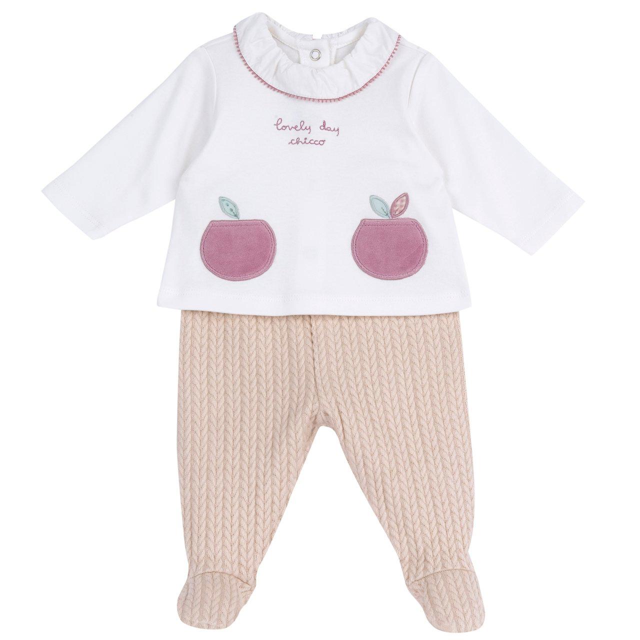 Completo Chicco bianco per bambina con maglia in ciniglia e pantaloni jacquard con piedini, ideale autunno/inverno, taglia 0-12 mesi. | Chicco