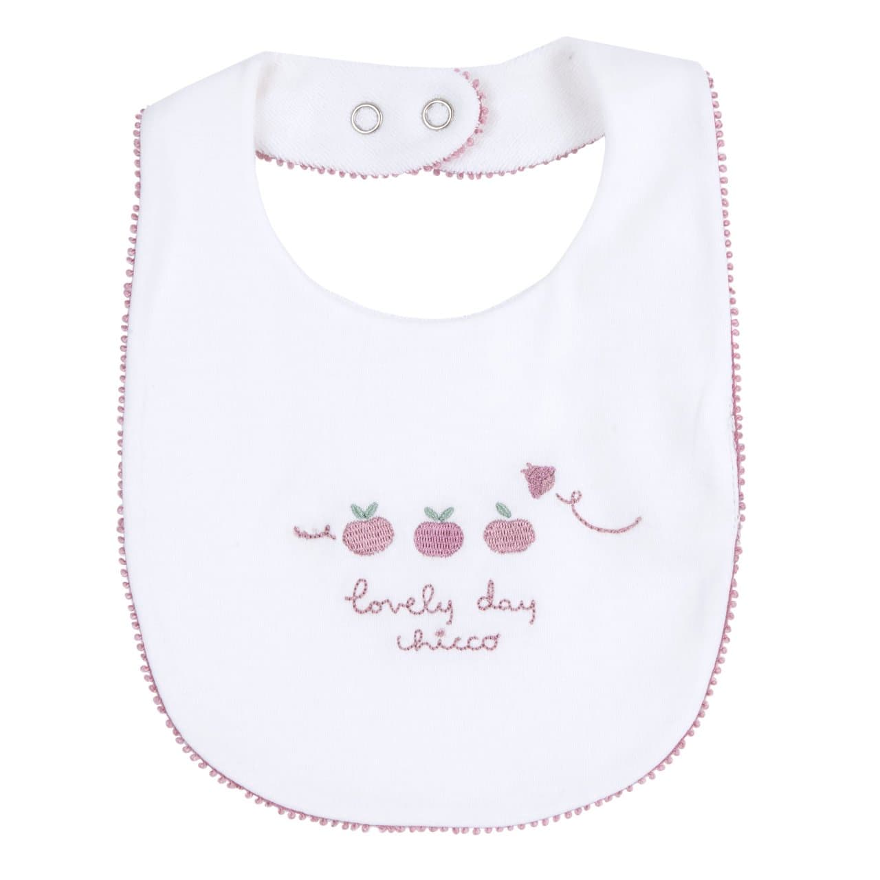 Bavaglino Chicco bianco in interlock con ricamo per bambina, ideale autunno/inverno, foderato in spugna di cotone e con bottoni automatici regolabili. | Chicco