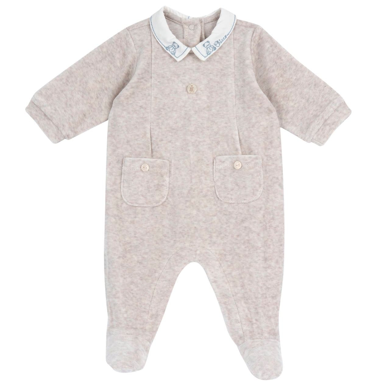 Tutina Chicco bianca in ciniglia per neonato, con colletto ricamato a orsetti e bottoni madreperla, ideale per autunno/inverno. | Chicco