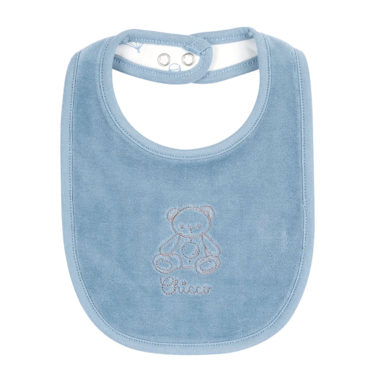 Bavaglino Chicco azzurro in ciniglia per neonato, con ricamo sul davanti e stampa fantasia sul retro, chiusura automatica regolabile, certificato Oeko-Tex. | Chicco
