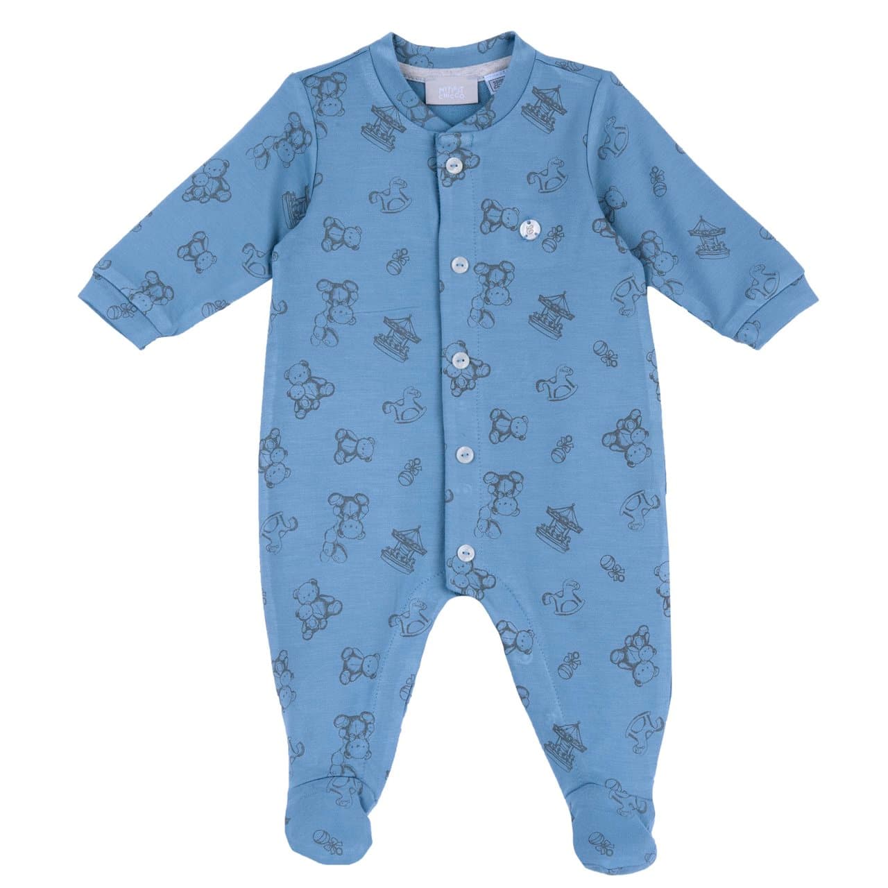 Tutina azzurra Chicco aperta davanti per neonato in felpa elasticizzata di bambù, con stampa fantasia e medaglietta effetto madreperla, ideale per autunno/inverno. | Chicco