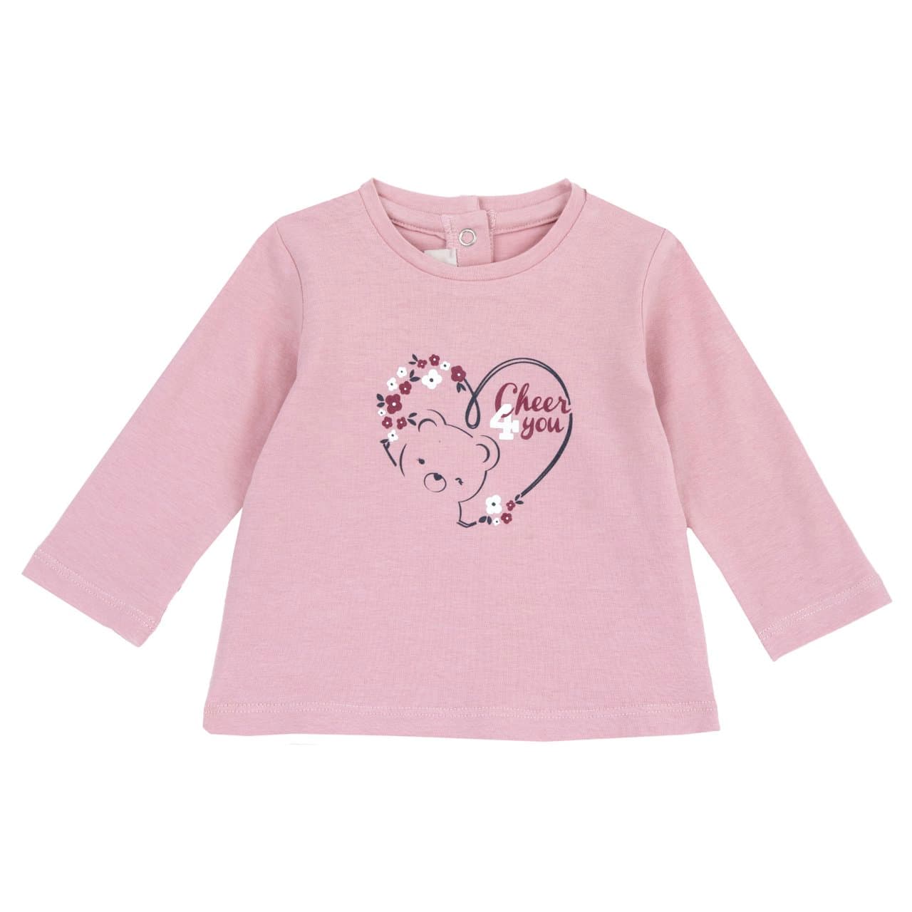 Maglietta a manica lunga rosa in jersey elasticizzato per bambina Chicco con stampa orsetto, cuore e scritta, ideale per autunno/inverno. | Chicco