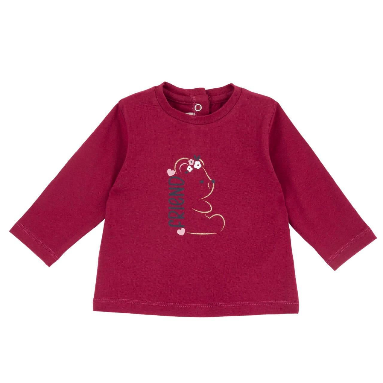 Maglietta a manica lunga rosa in jersey elasticizzato per bambina Chicco con stampa orsetto, cuore e scritta, ideale per autunno/inverno. | Chicco