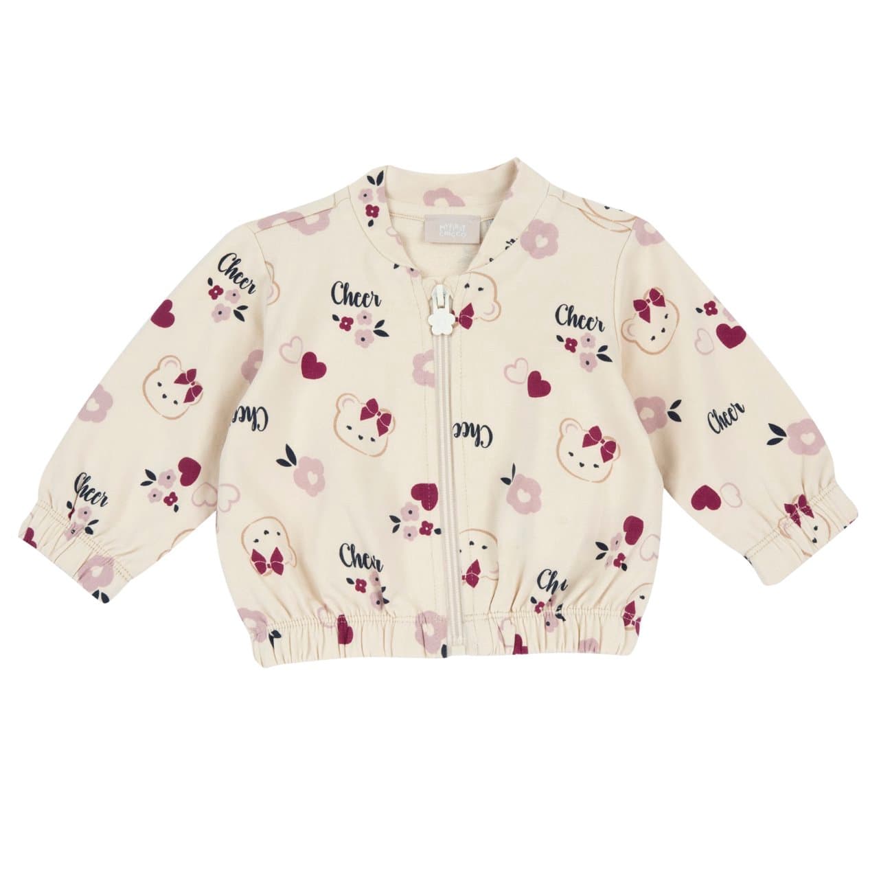 Felpa con zip bambina Chicco bianca, collo coreana, chiusura fiore, stampa orsetti e cuori all-over. | Chicco