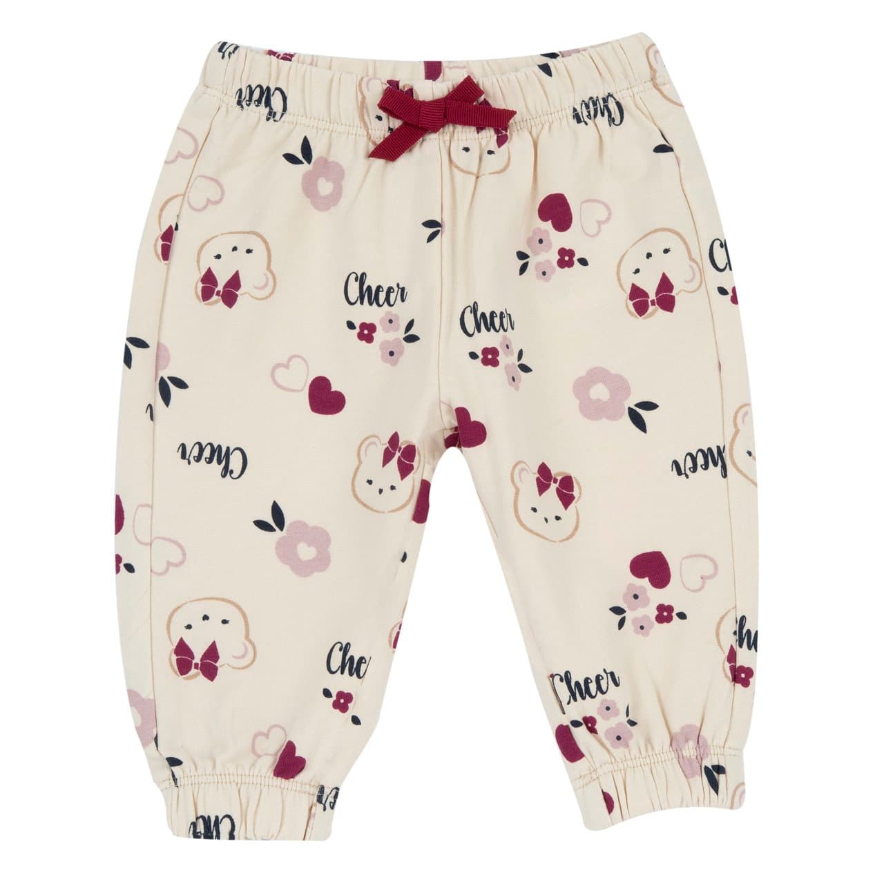 Pantaloni lunghi da bambina Chicco bianchi in felpa elasticizzata con stampa di orsetti, cuori e fiori, vita elasticizzata e fiocco in gros grain. | Chicco