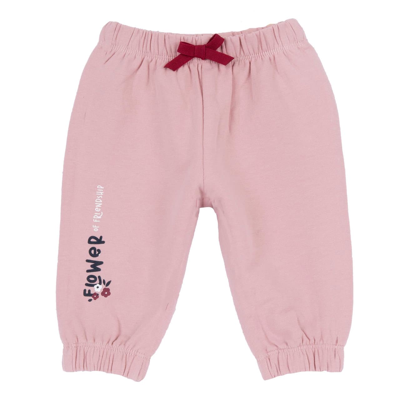 Pantaloni lunghi da bambina Chicco in felpa elasticizzata garzata rosa con fiocchetto e stampa fiori, ideali per l'autunno/inverno. | Chicco