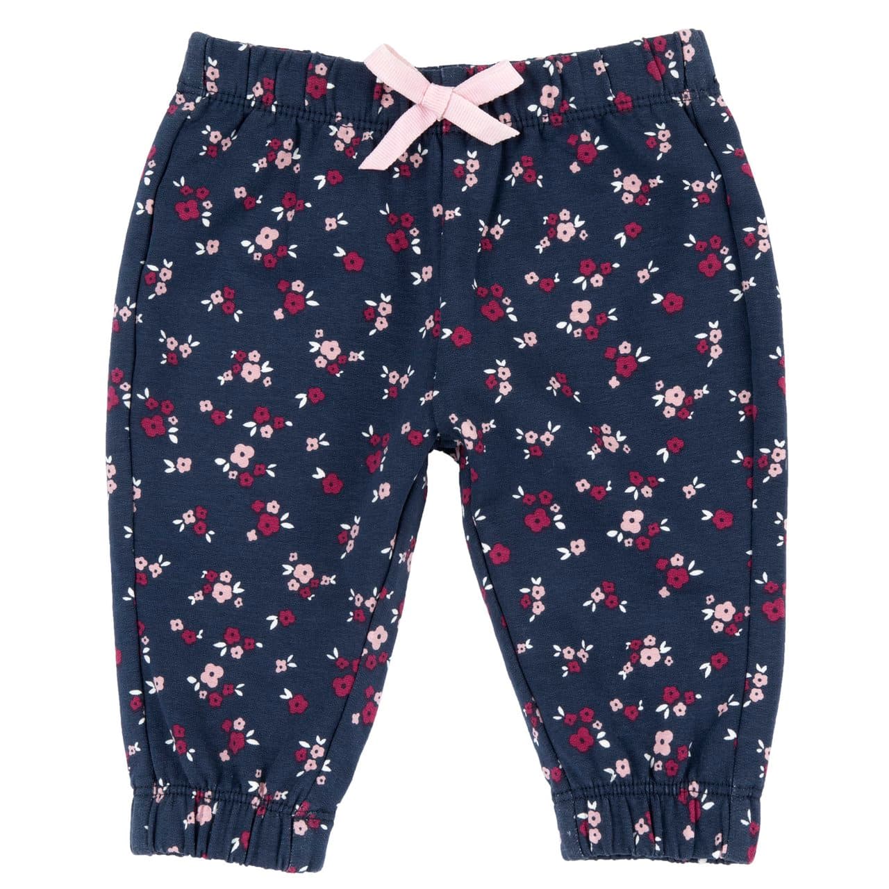 Pantaloni lunghi da bambina Chicco blu in felpa elasticizzata garzata con stampa a micro fiorellini, vita elastica e fiocchetto in gros grain. | Chicco