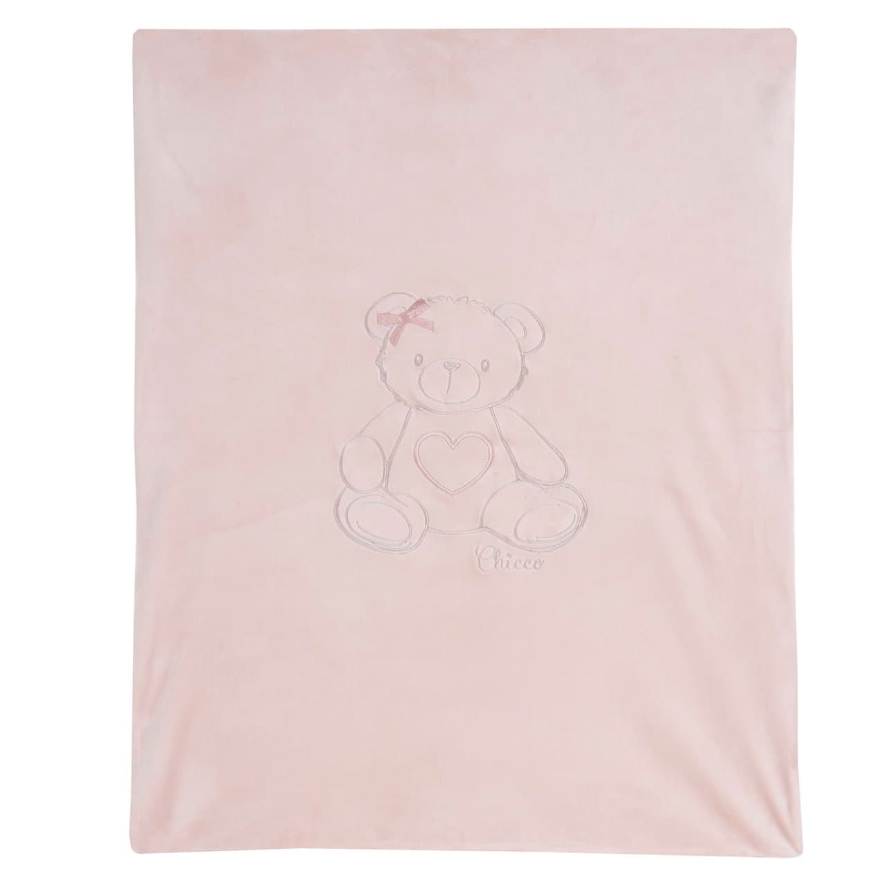Coperta per carrozzina Chicco rosa in ciniglia elasticizzata lucida, con grafica ricamata e stampa fantasia, ideale per neonata autunno/inverno, certificata Oeko-Tex. | Chicco