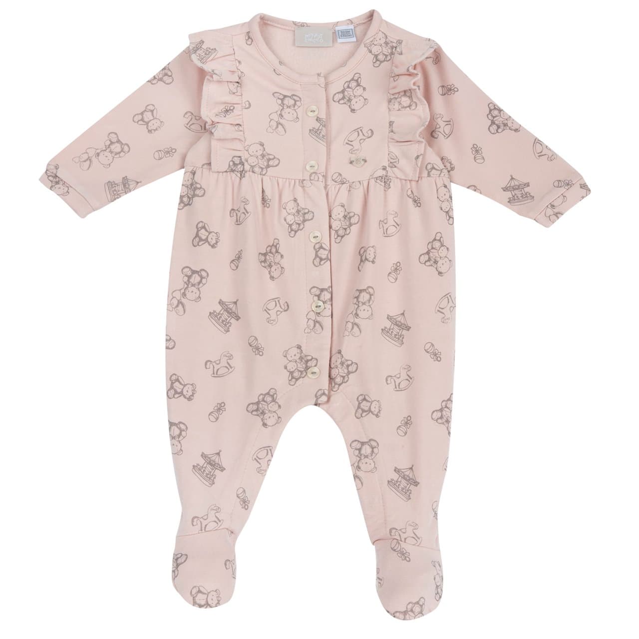 Tutina aperta davanti Chicco rosa in felpa elasticizzata di viscosa di bambù per bambina, con stampa fantasia e medaglietta effetto madreperla. | Chicco