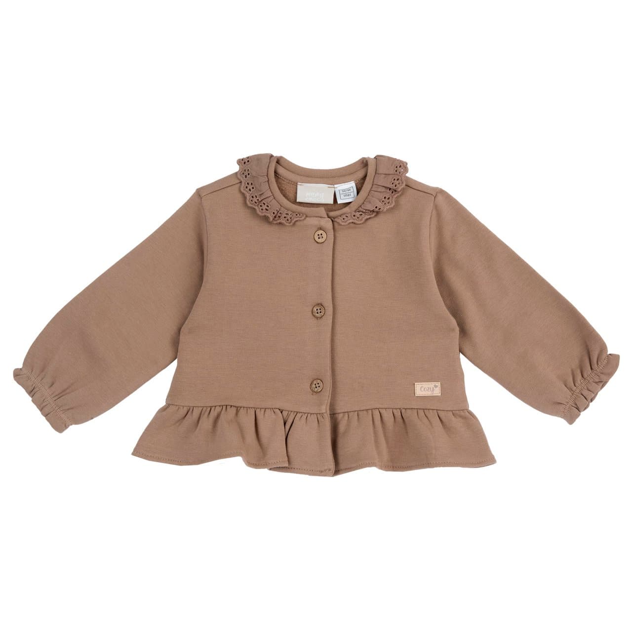 Cardigan in felpa garzata elasticizzata Chicco bianco per bambina, con colletto ricamato, balza e bottoni effetto legno. | Chicco