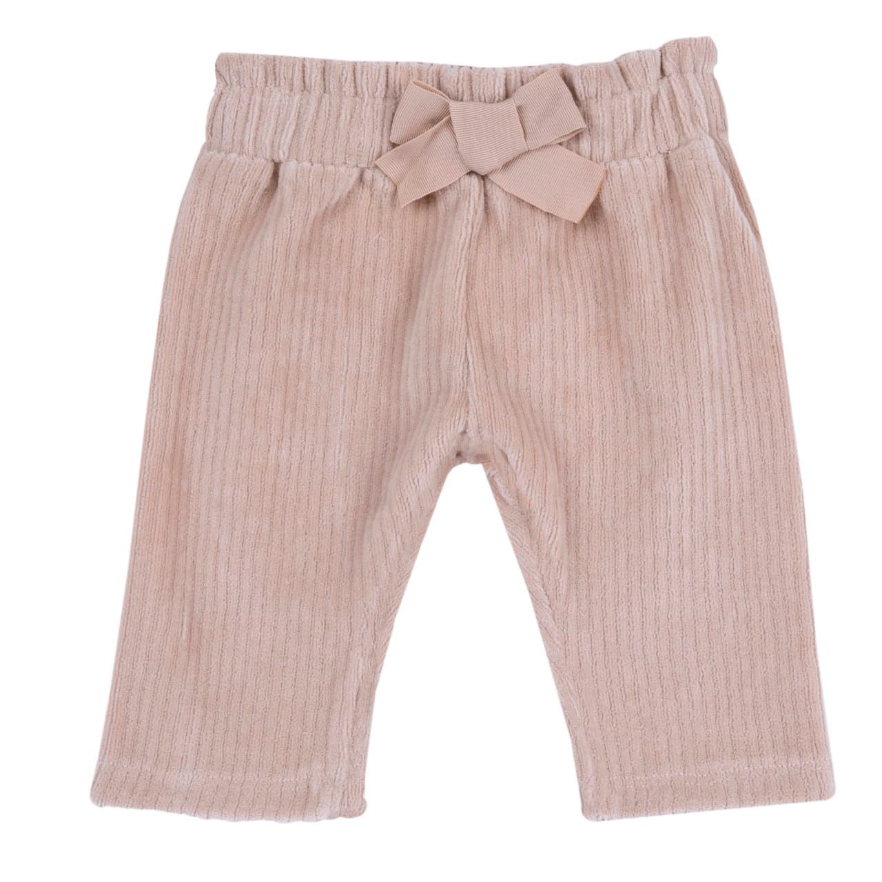 Pantaloni lunghi da bambina Chicco in ciniglia millerighe rosa con vita elasticizzata e fiocco, ideali per l'autunno/inverno. | Chicco