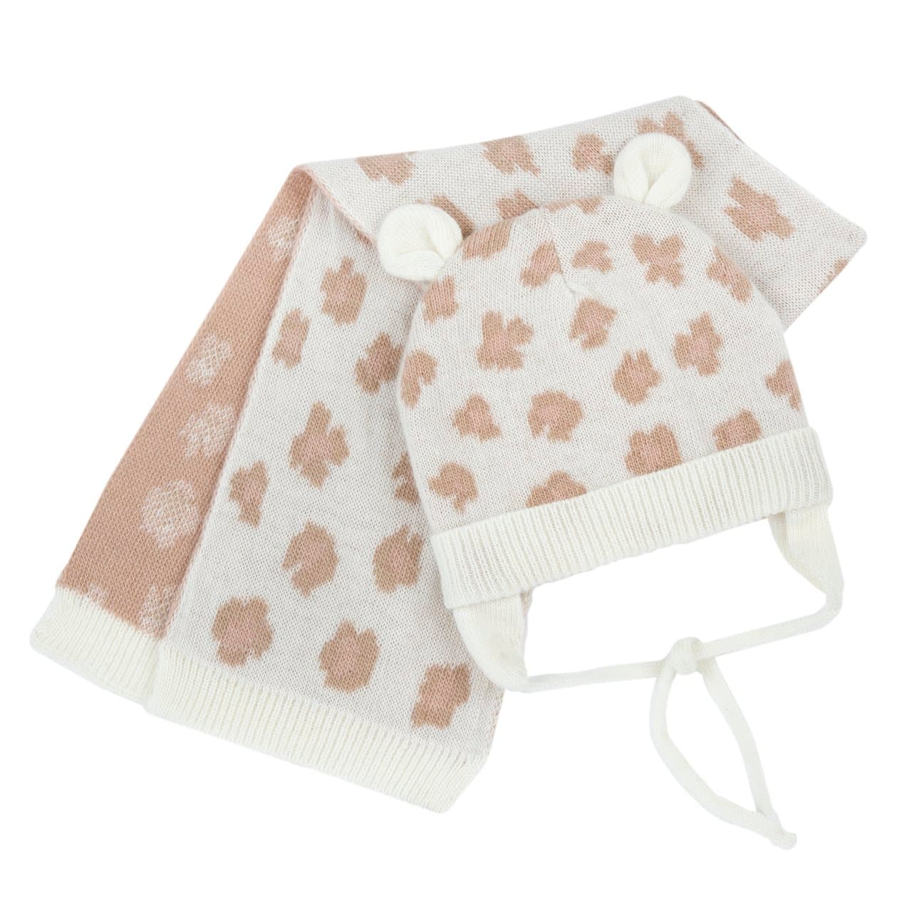 Set cappello con sciarpa Chicco bianco per bambina in maglia misto lana, con paraorecchie e orecchie applicate, fantasia macro pois, ideale per l'autunno/inverno. | Chicco