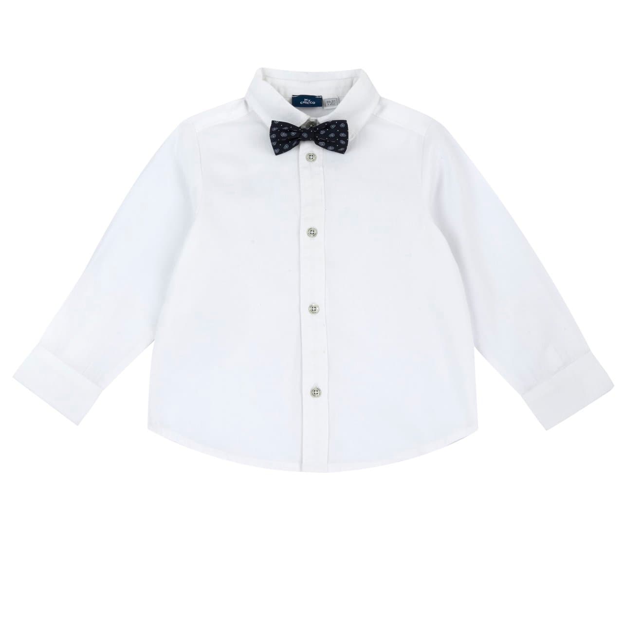 Camicia a manica lunga Chicco bianca in popeline 100% cotone con microfantasia jacquard, colletto classico e papillon fantasia removibile, ideale per occasioni speciali. | Chicco